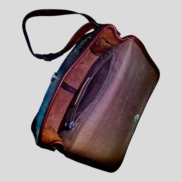 Vintage BRIGHTON Black Brown Pebbled Leather Croc Shoulder Messenger Bag Purse - Picture 5 of 12